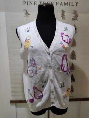 Vintage Tabi International Embroidered Bunny Easter Sweater Vest M White Knit